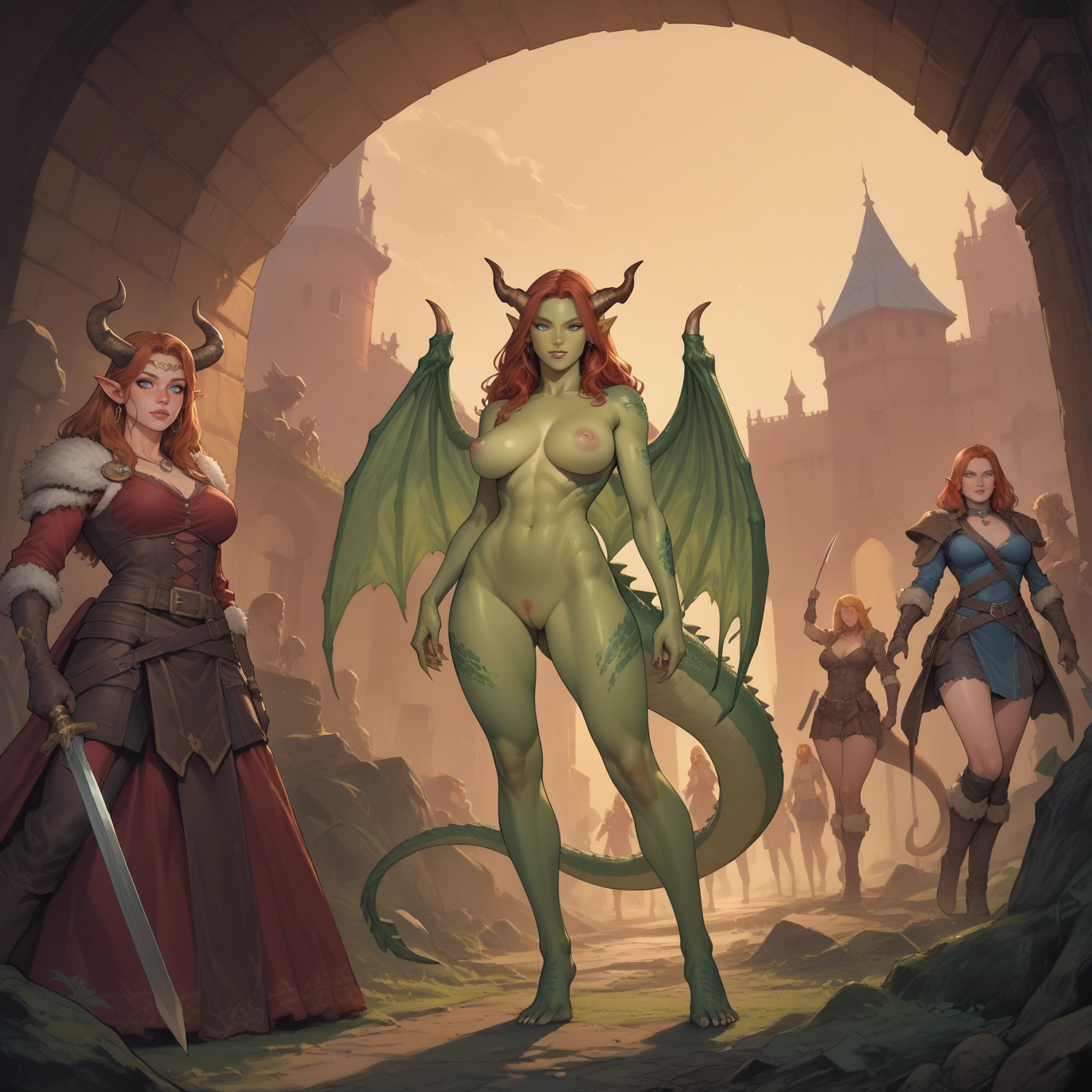 multiple girls, breasts, horns, weapon, wings, pussy · Yamete.gg