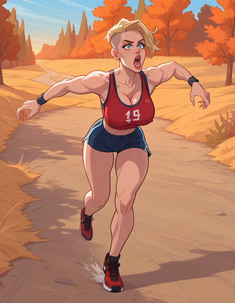 1girl, breasts, blonde hair, shorts, solo, running · Yamete.gg