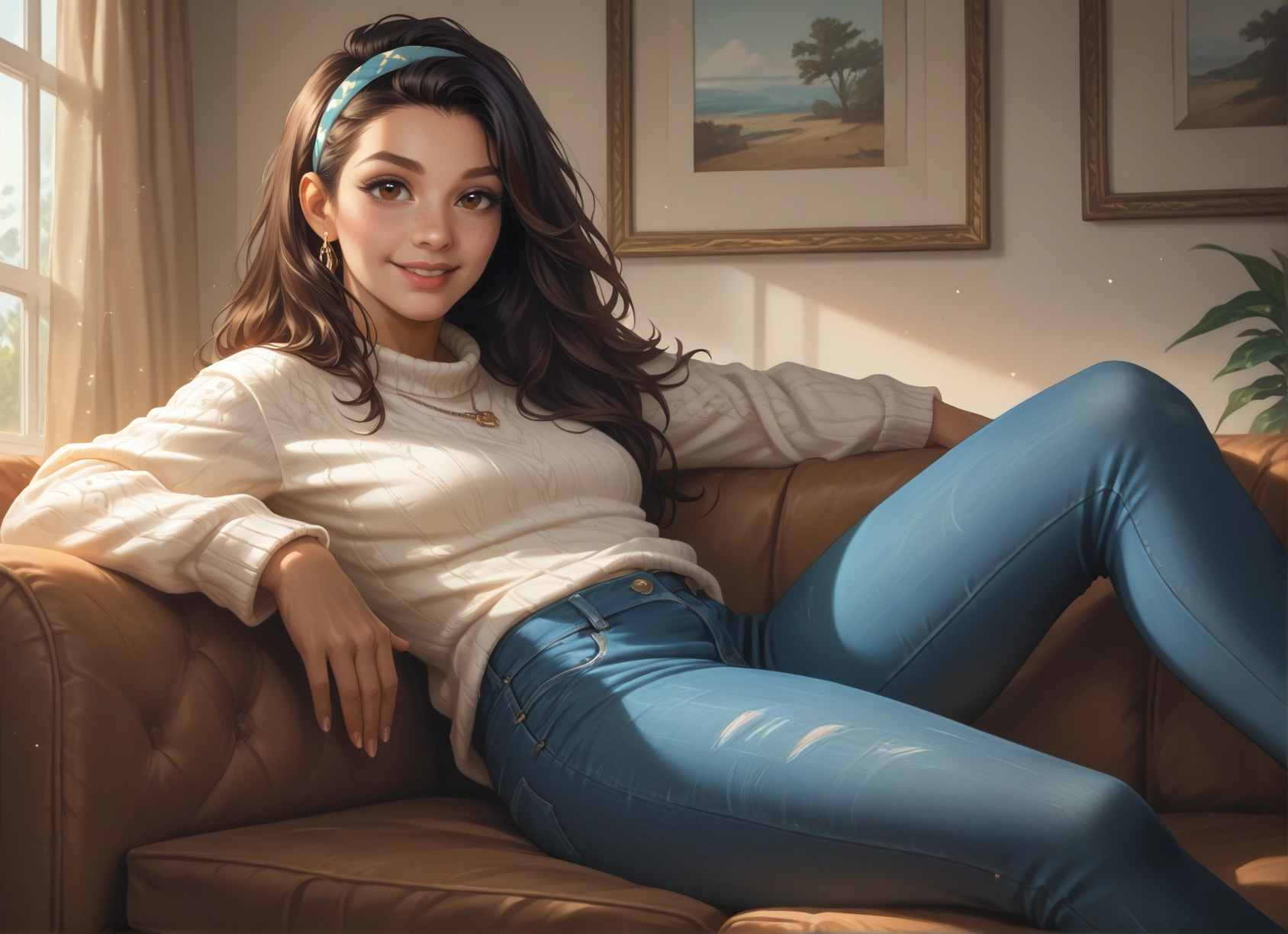 1girl, solo, pants, jewelry, sweater, brown eyes · Yamete.gg