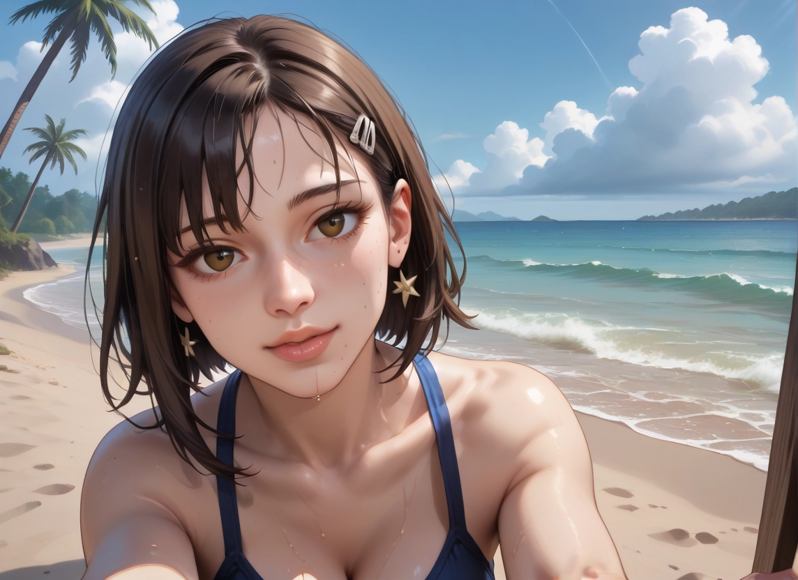 1girl, beach, earrings, jewelry, outdoors, palm tree · Yamete.gg