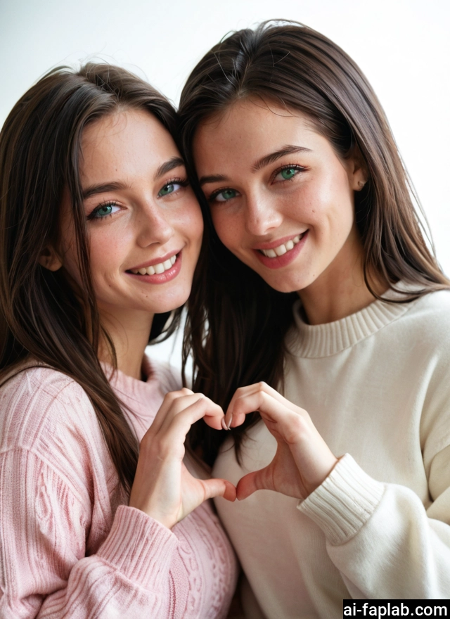 multiple girls, 2girls, smile, heart, sweater, heart hands duo · Yamete.gg