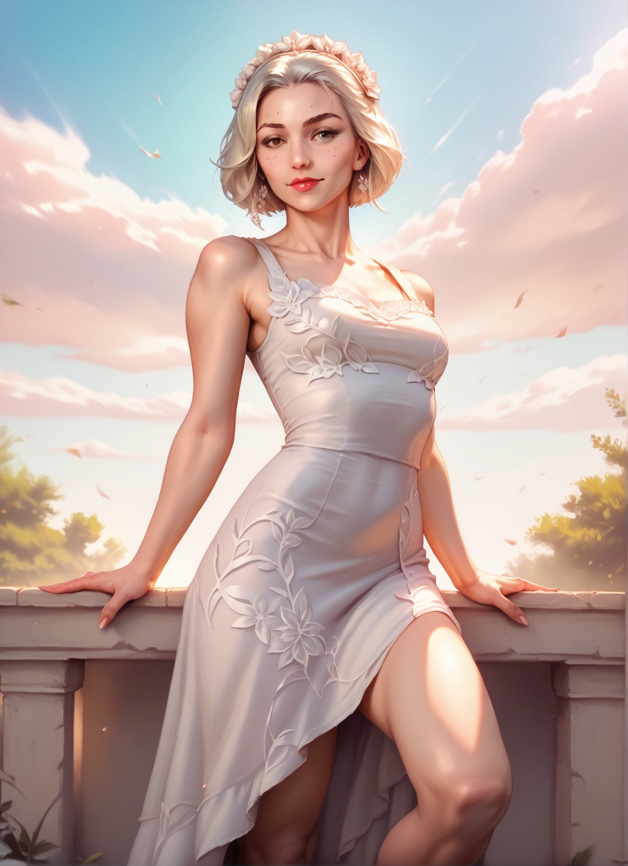 1girl, dress, solo, jewelry, freckles, white dress · Yamete.gg