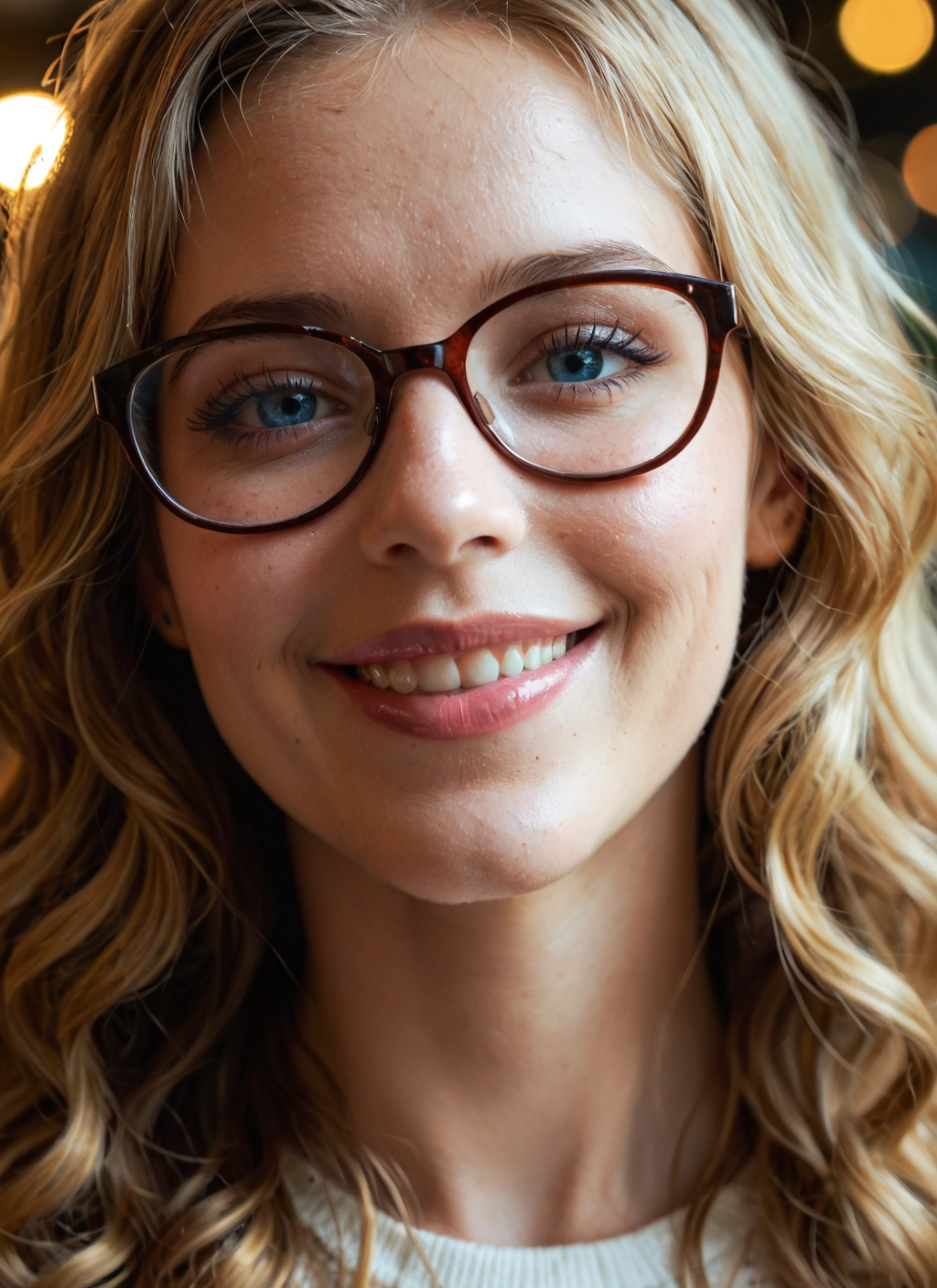 1girl, solo, glasses, blonde hair, blue eyes, smile · Yamete.gg
