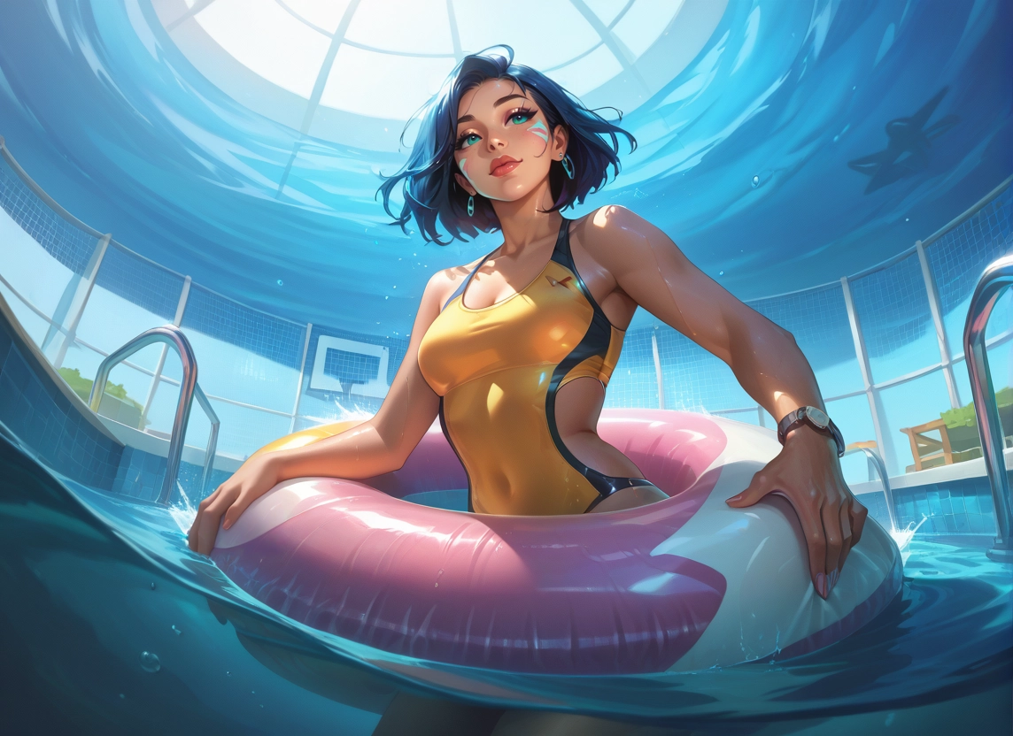 1girl, swimsuit, one-piece swimsuit, jewelry, breasts, earrings · Yamete.gg