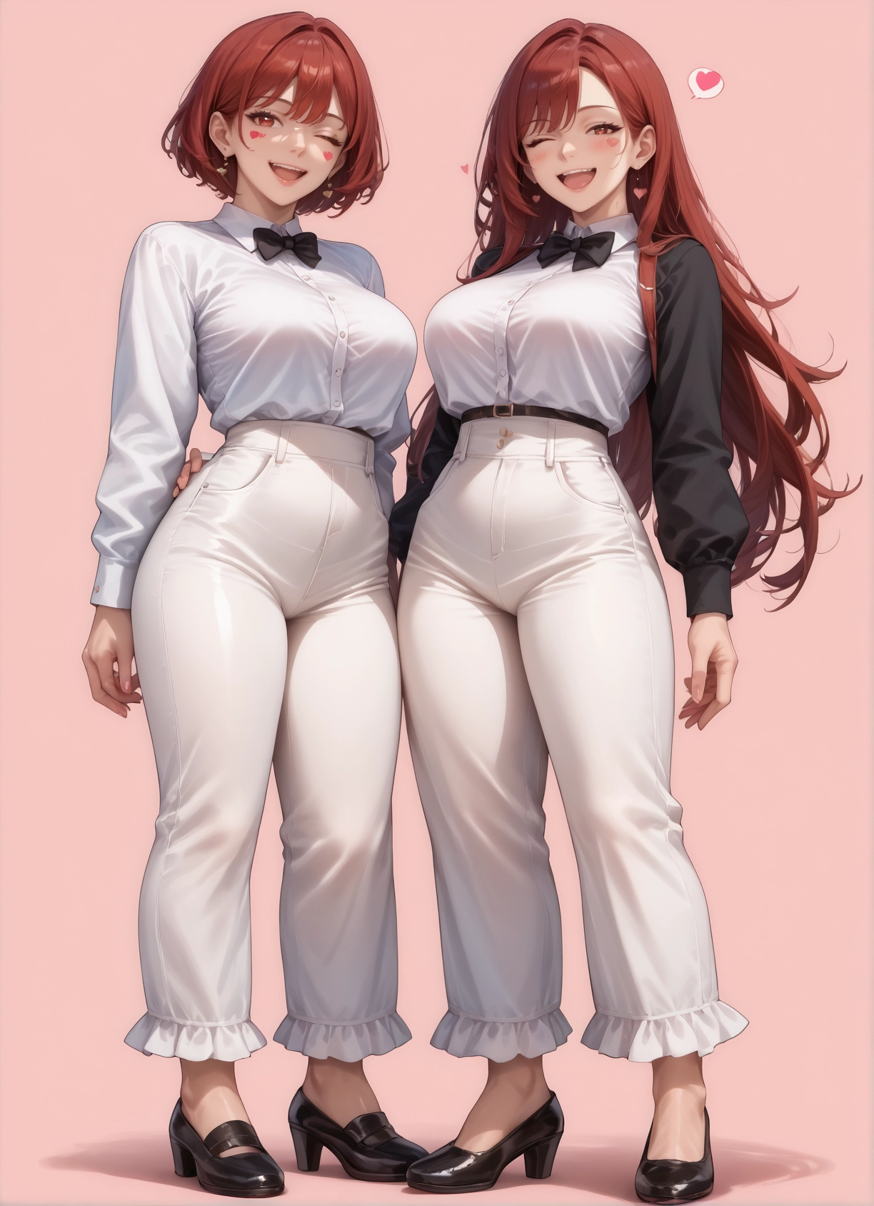 multiple girls, 2girls, breasts, pants, heart, open mouth · Yamete.gg