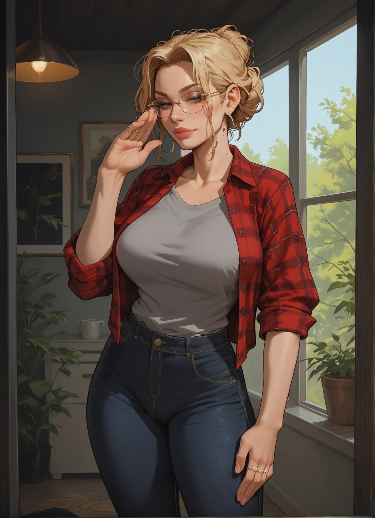 1girl, jewelry, blonde hair, pants, glasses, breasts · Yamete.gg