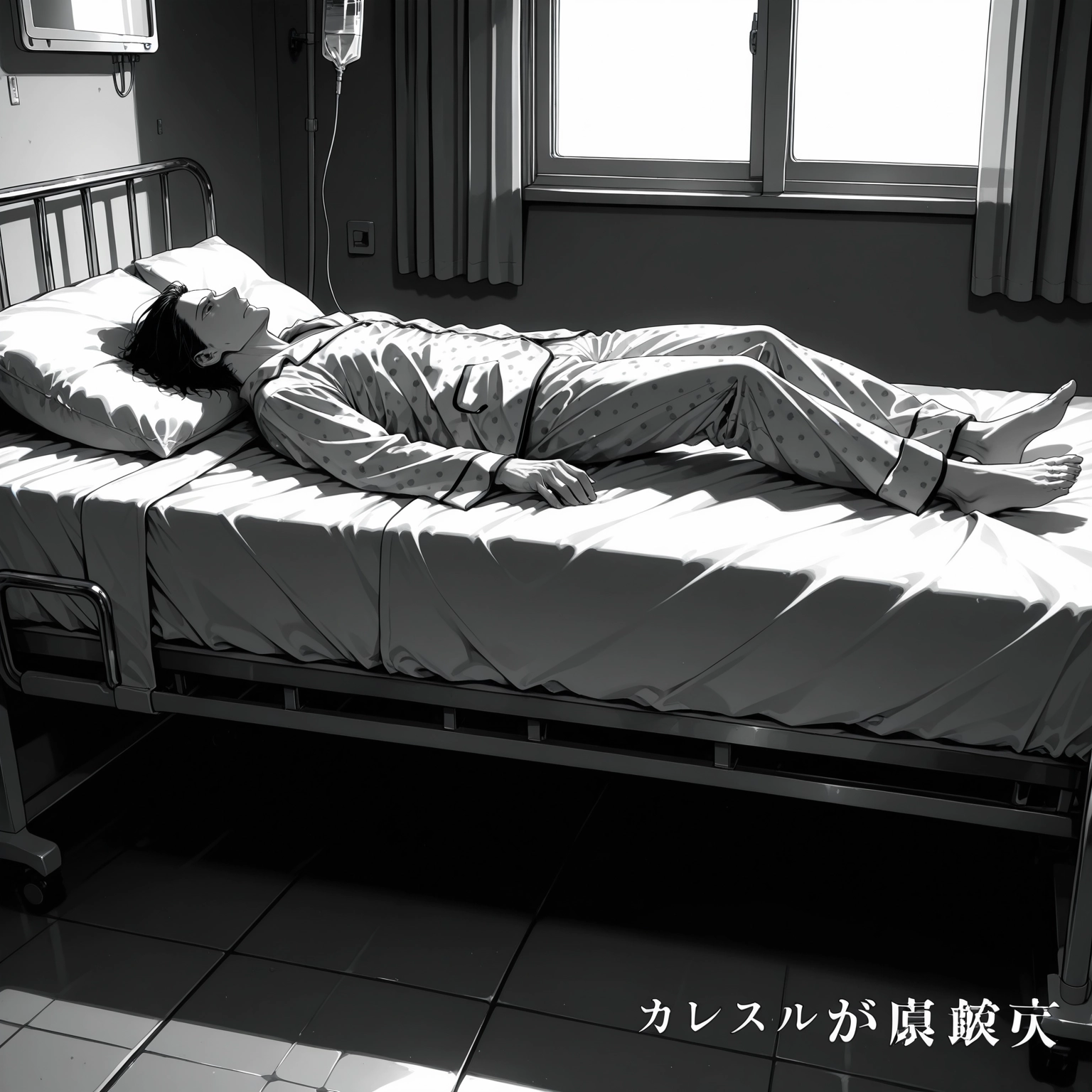 monochrome, greyscale, solo, lying, bed, pillow