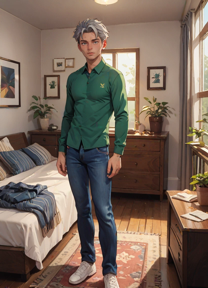 1boy, male focus, solo, indoors, denim, couch · Yamete.gg