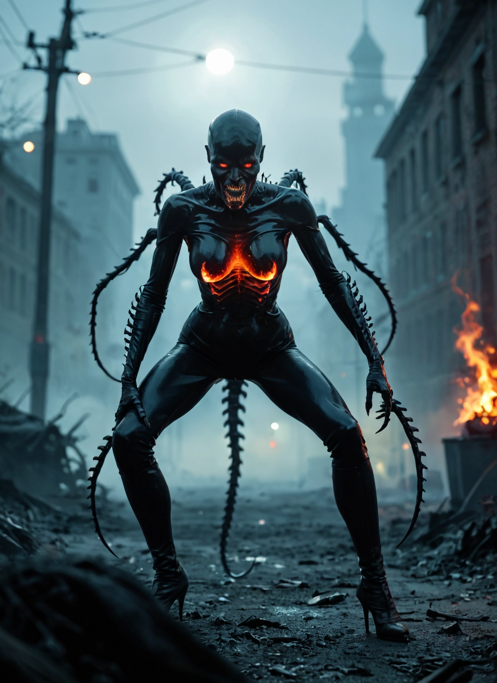 1girl, high heels, bodysuit, solo, fire, red eyes · Yamete.gg