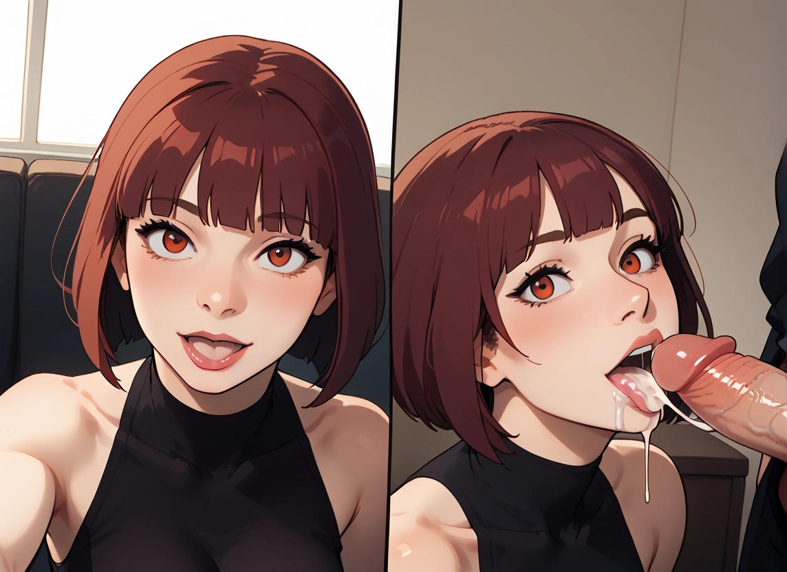penis, 1girl, cum, brown hair, hetero, cum in mouth · Yamete.gg
