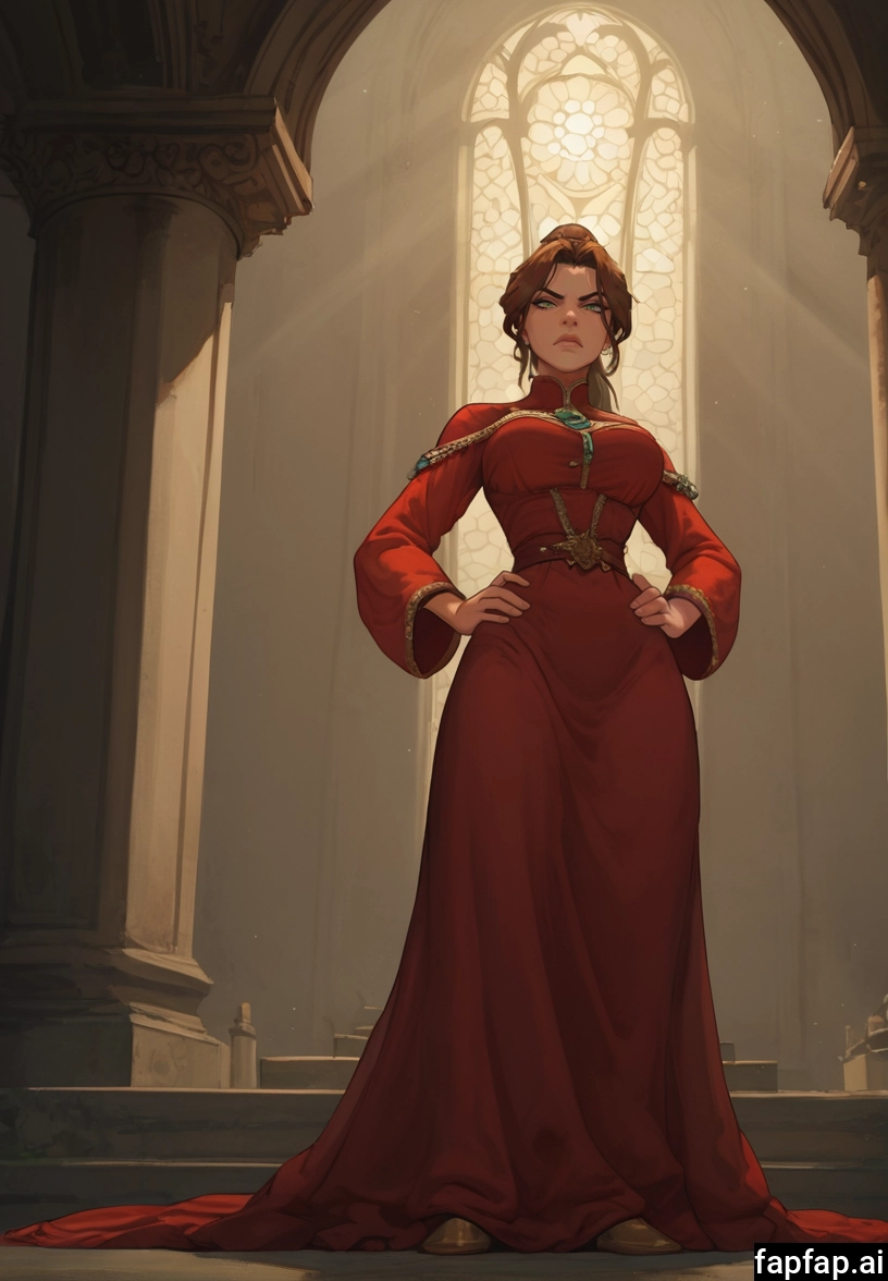 1girl, solo, dress, hands on hips, brown hair, long dress