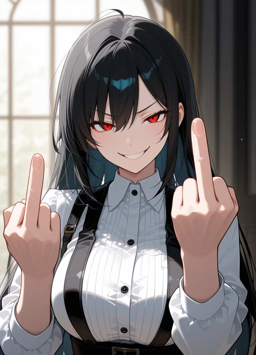 1girl, solo, red eyes, shirt, smile, long hair · Yamete.gg