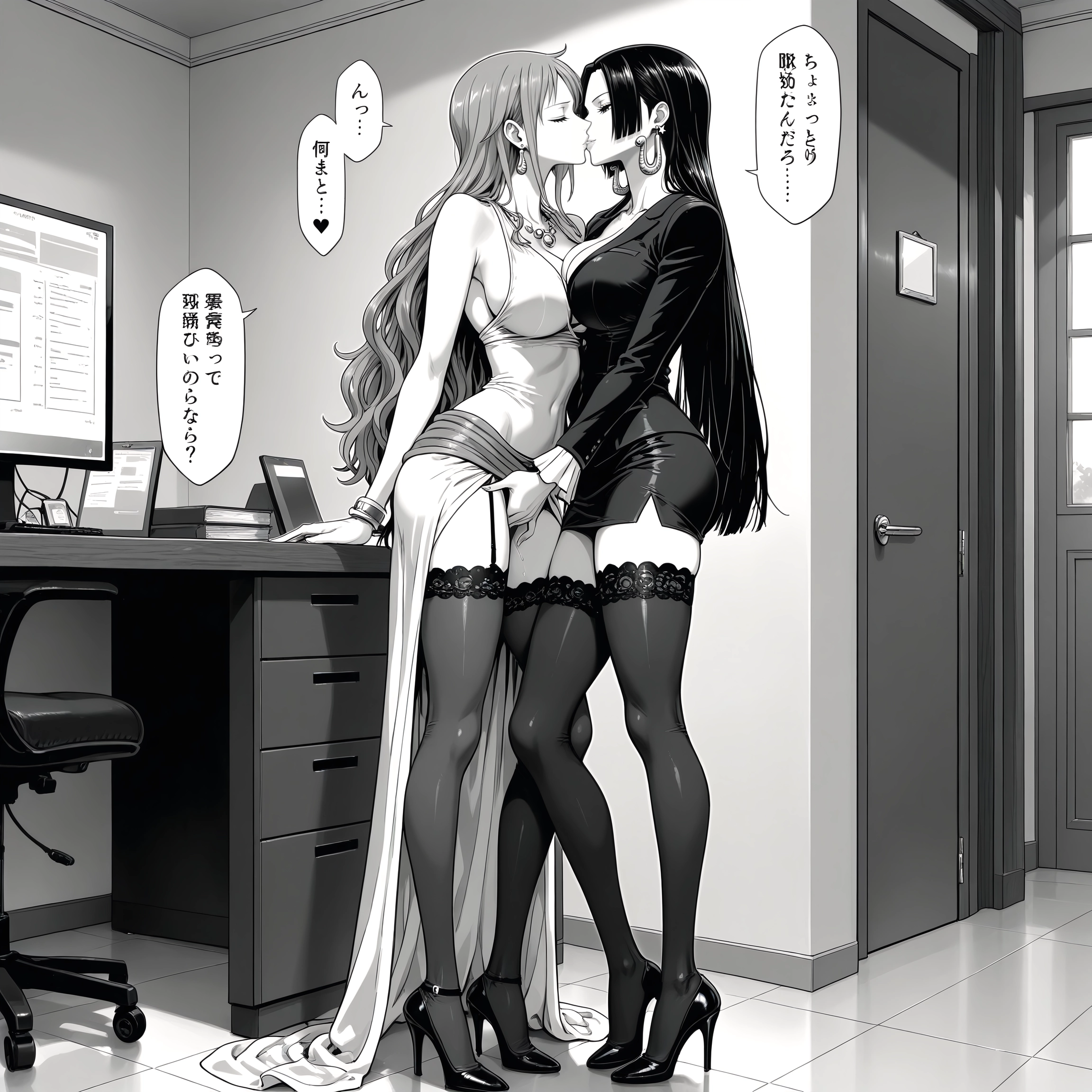 monochrome, greyscale, multiple girls, 2girls, thighhighs, high heels · Yamete.gg