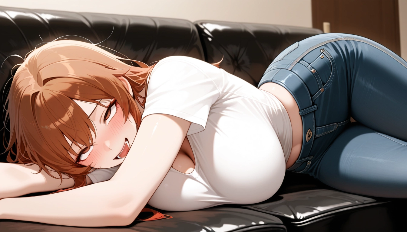 1girl, breasts, denim, pants, jeans, shirt · Yamete.gg