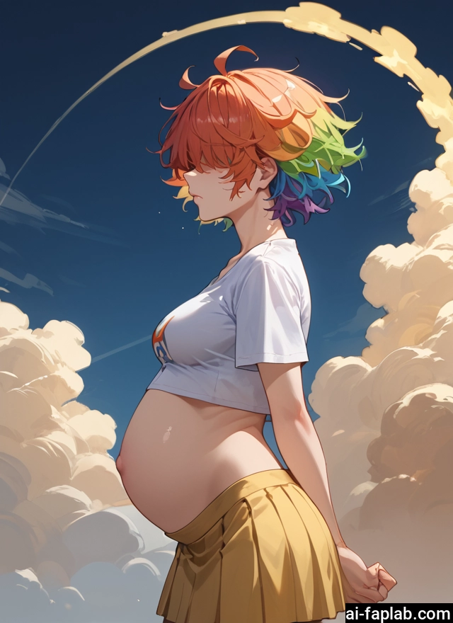 1girl, skirt, solo, breasts, multicolored hair, short hair