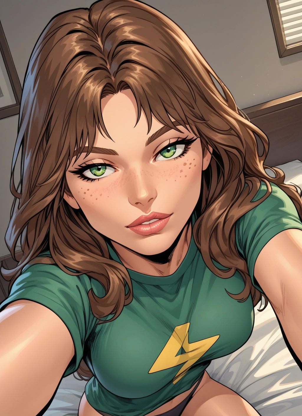 1girl, green eyes, underwear, freckles, solo, panties · Yamete.gg