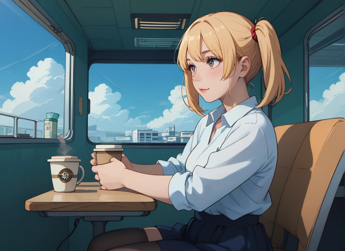 1girl, blonde hair, solo, skirt, sitting, thighhighs · Yamete.gg