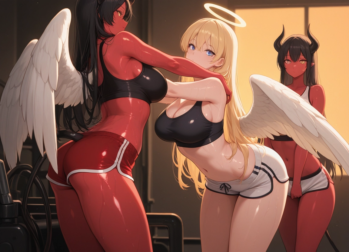breasts, multiple girls, blonde hair, 2girls, wings, horns · Yamete.gg