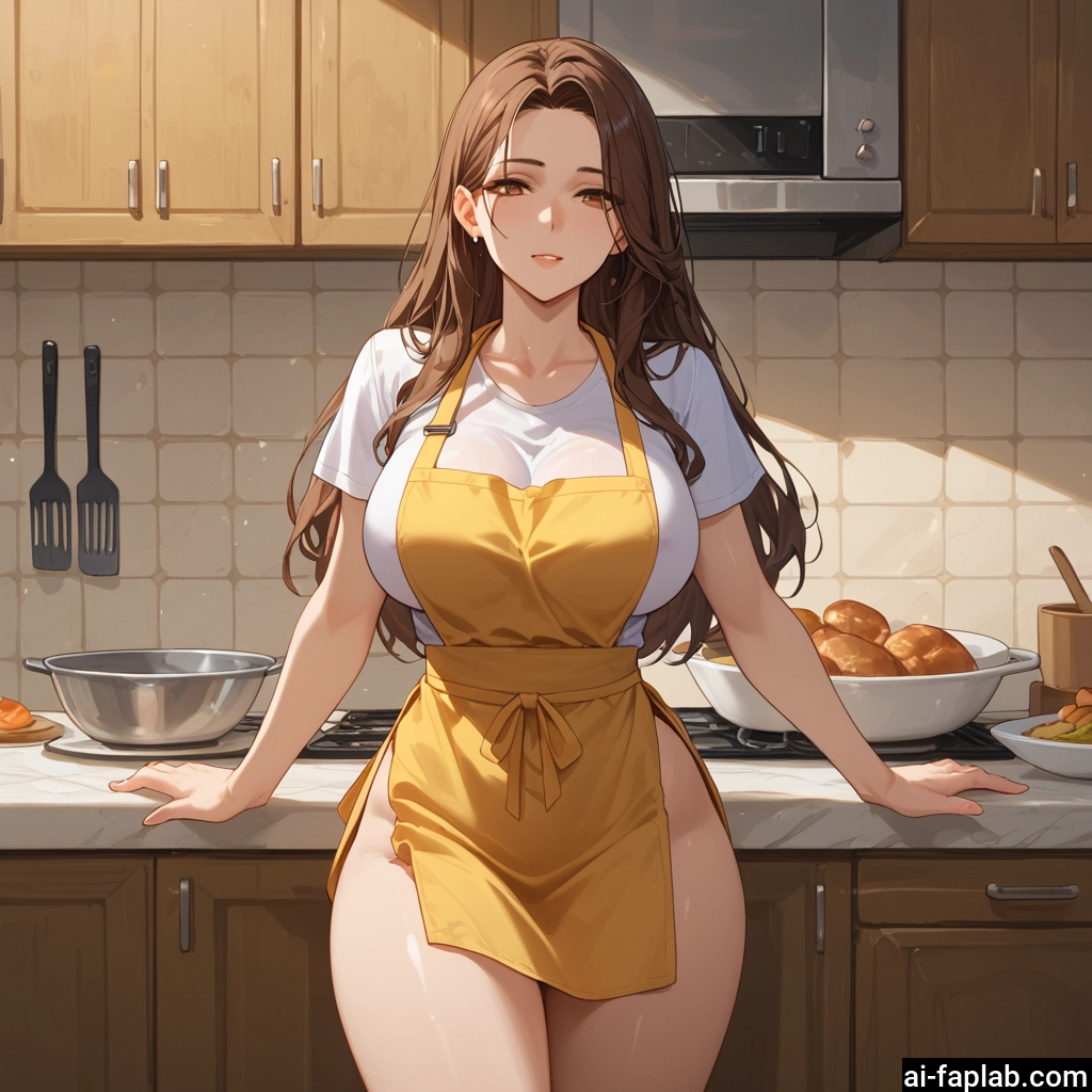 1girl, breasts, apron, brown hair, long hair, large breasts