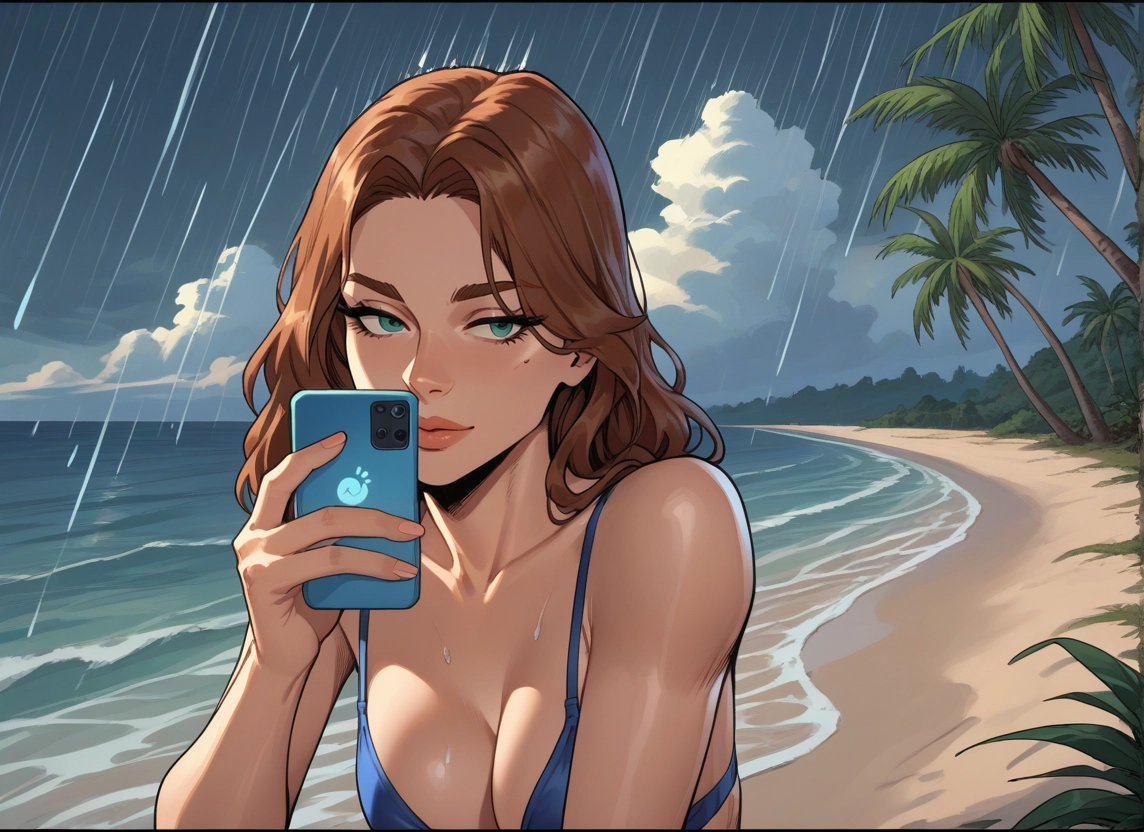 1girl, phone, breasts, swimsuit, brown hair, solo · Yamete.gg