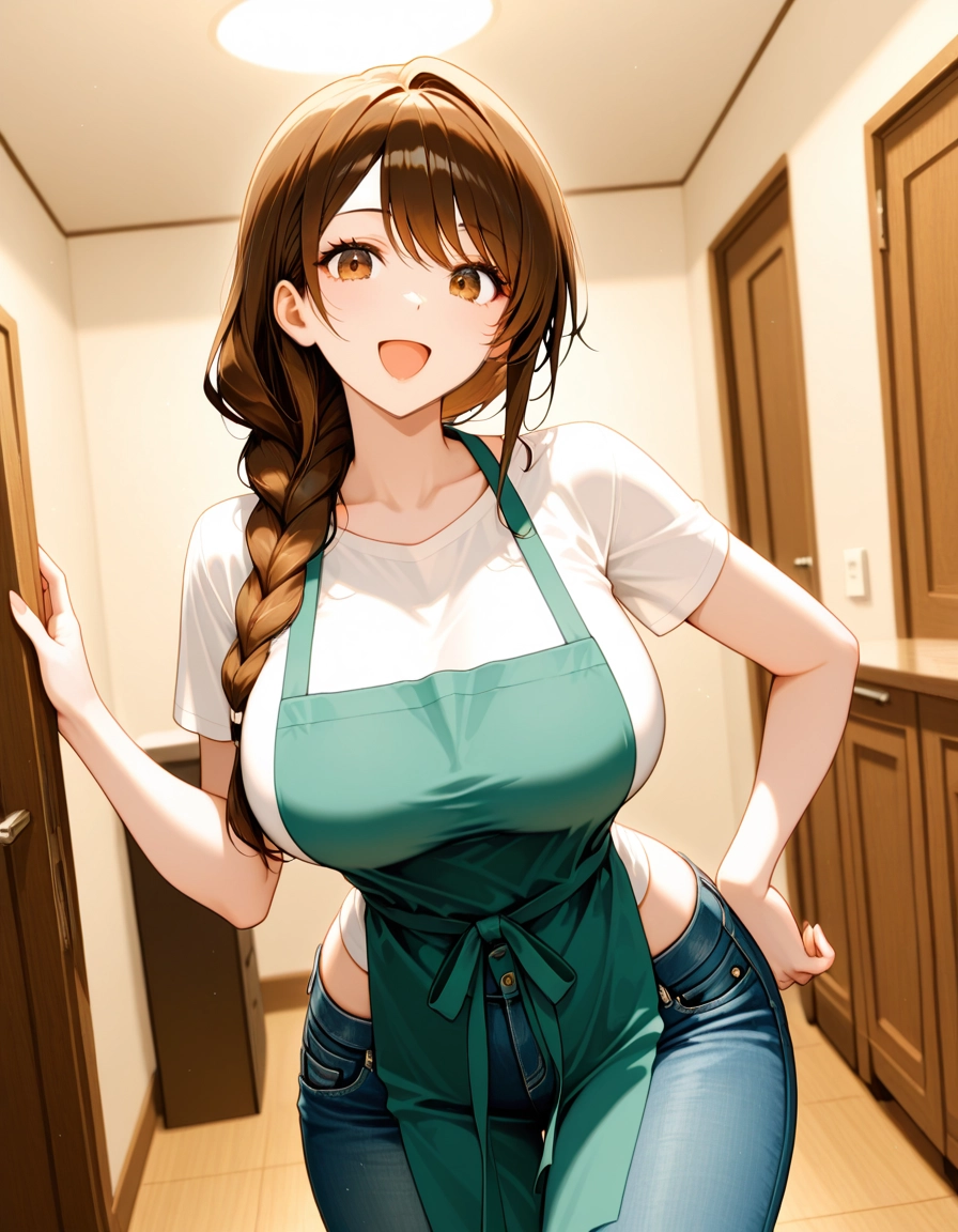 1girl, denim, solo, breasts, braid, pants · Yamete.gg