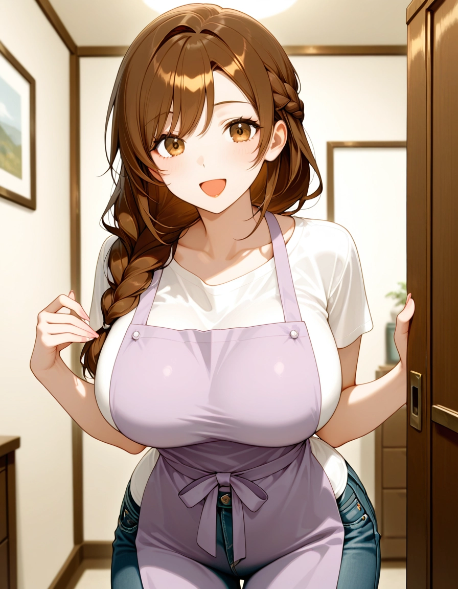 1girl, breasts, braid, solo, brown hair, pants · Yamete.gg