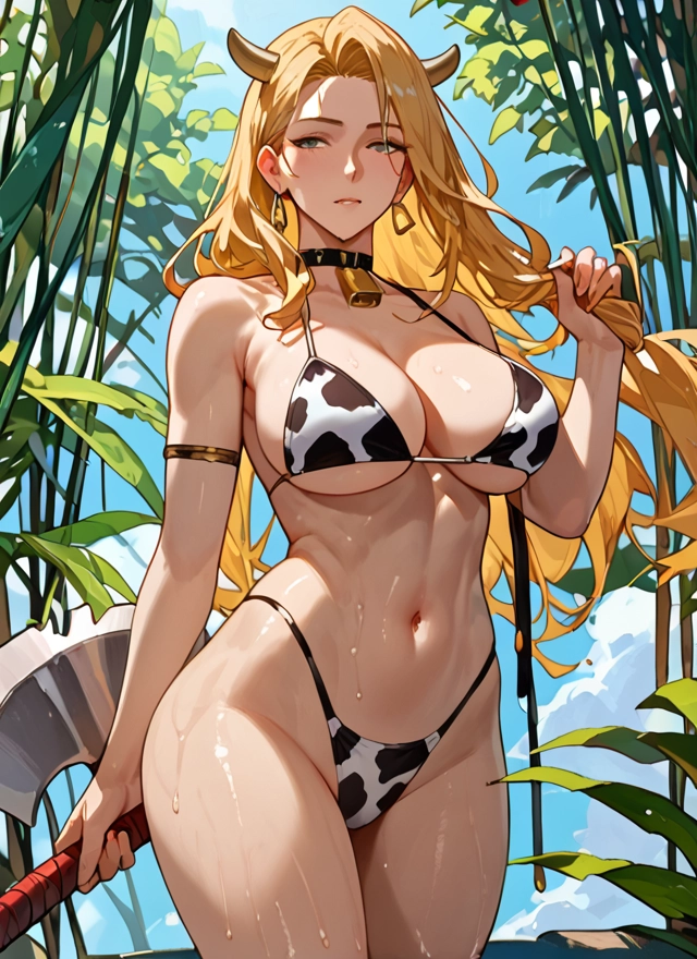 1girl, breasts, swimsuit, bikini, blonde hair, jewelry
