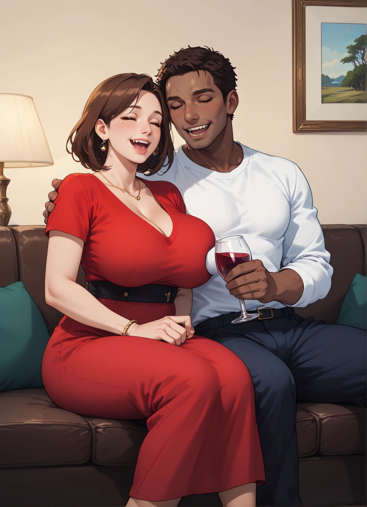 1girl, breasts, 1boy, dress, brown hair, jewelry · Yamete.gg