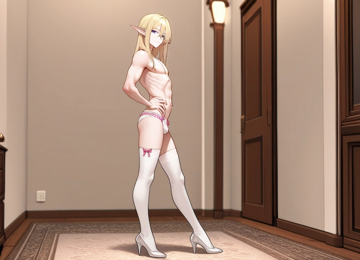 1boy, male focus, thighhighs, pointy ears, underwear, blonde hair · Yamete.gg