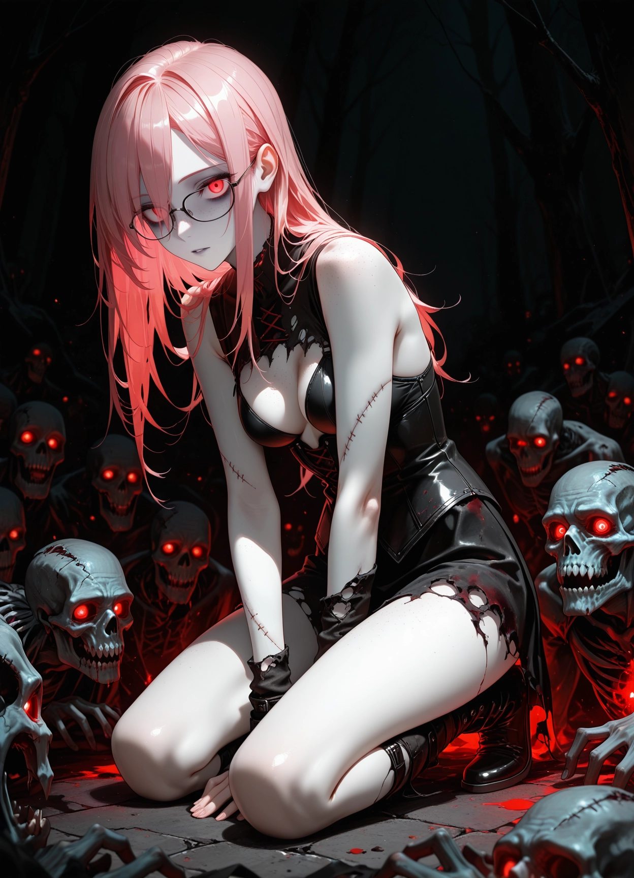 1girl, long hair, zombie, breasts, glasses, black footwear · Yamete.gg
