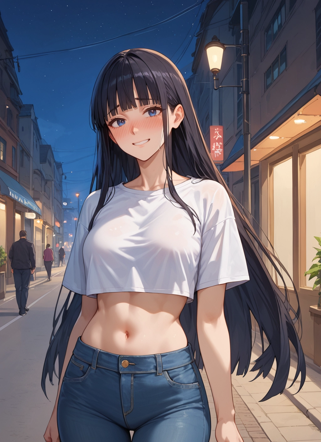 long hair, navel, smile, pants, black hair, blue eyes · Yamete.gg