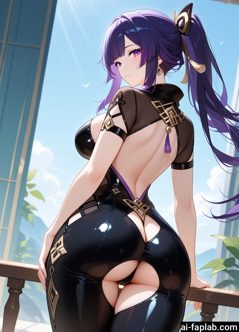 1girl, ass, breasts, solo, looking at viewer, purple hair