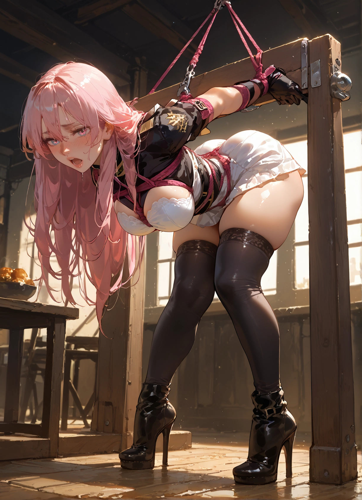 1girl, thighhighs, pink hair, long hair, breasts, bound · Yamete.gg