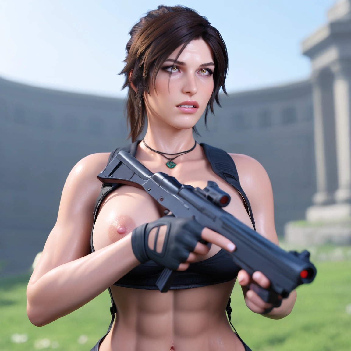 1girl, weapon, gun, solo, nipples, breasts · Yamete.gg