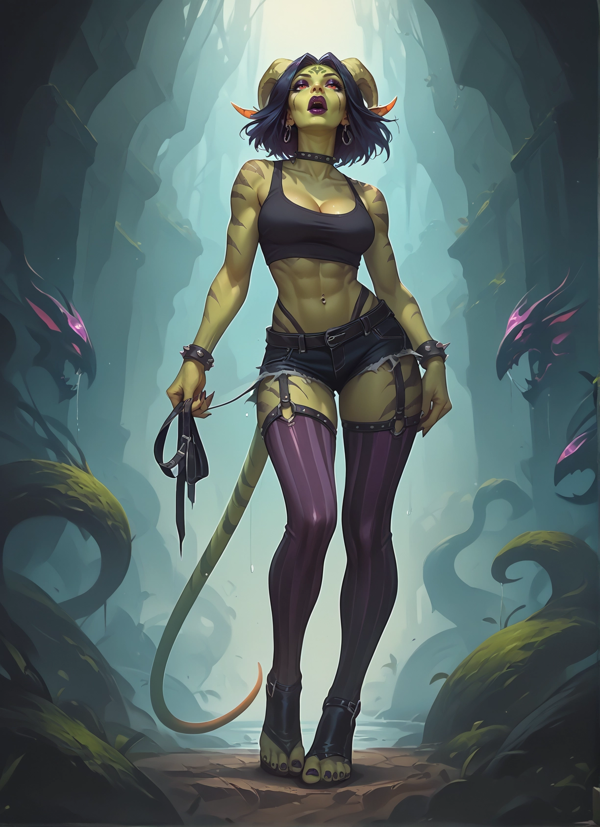 furry, 1girl, tail, breasts, jewelry, shorts