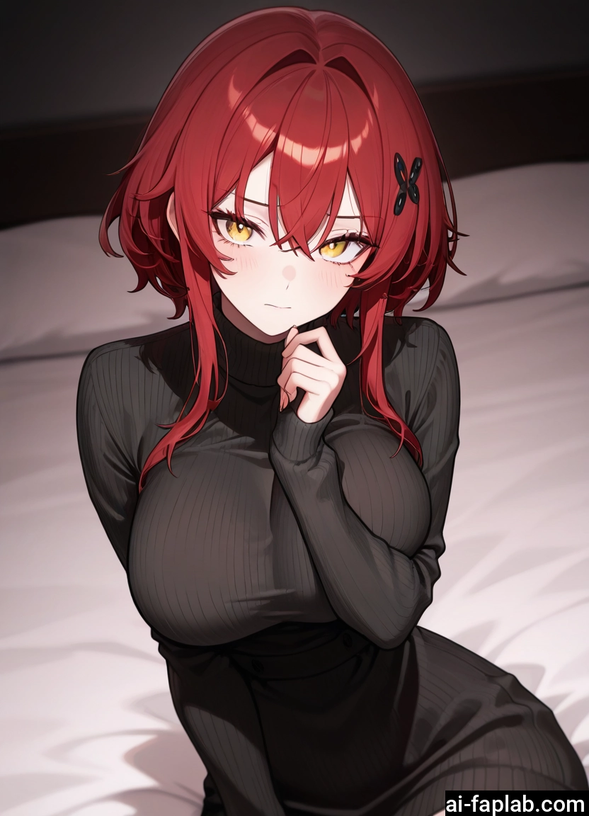 1girl, breasts, sweater, solo, red hair, hair ornament · Yamete.gg