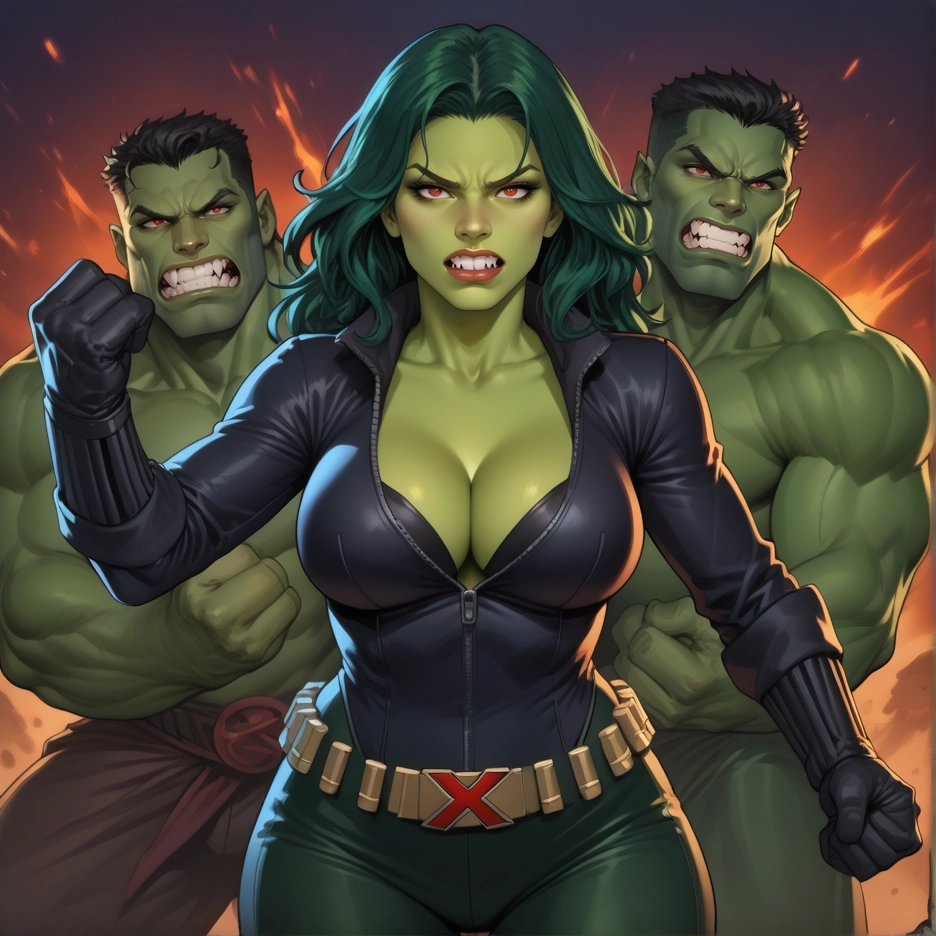 1girl, breasts, multiple boys, green skin, 2boys, colored skin · Yamete.gg