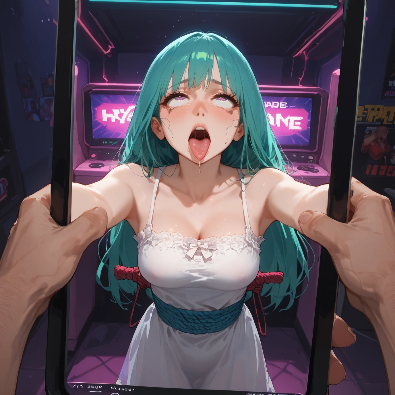 1girl, breasts, dress, tongue, long hair, open mouth · Yamete.gg
