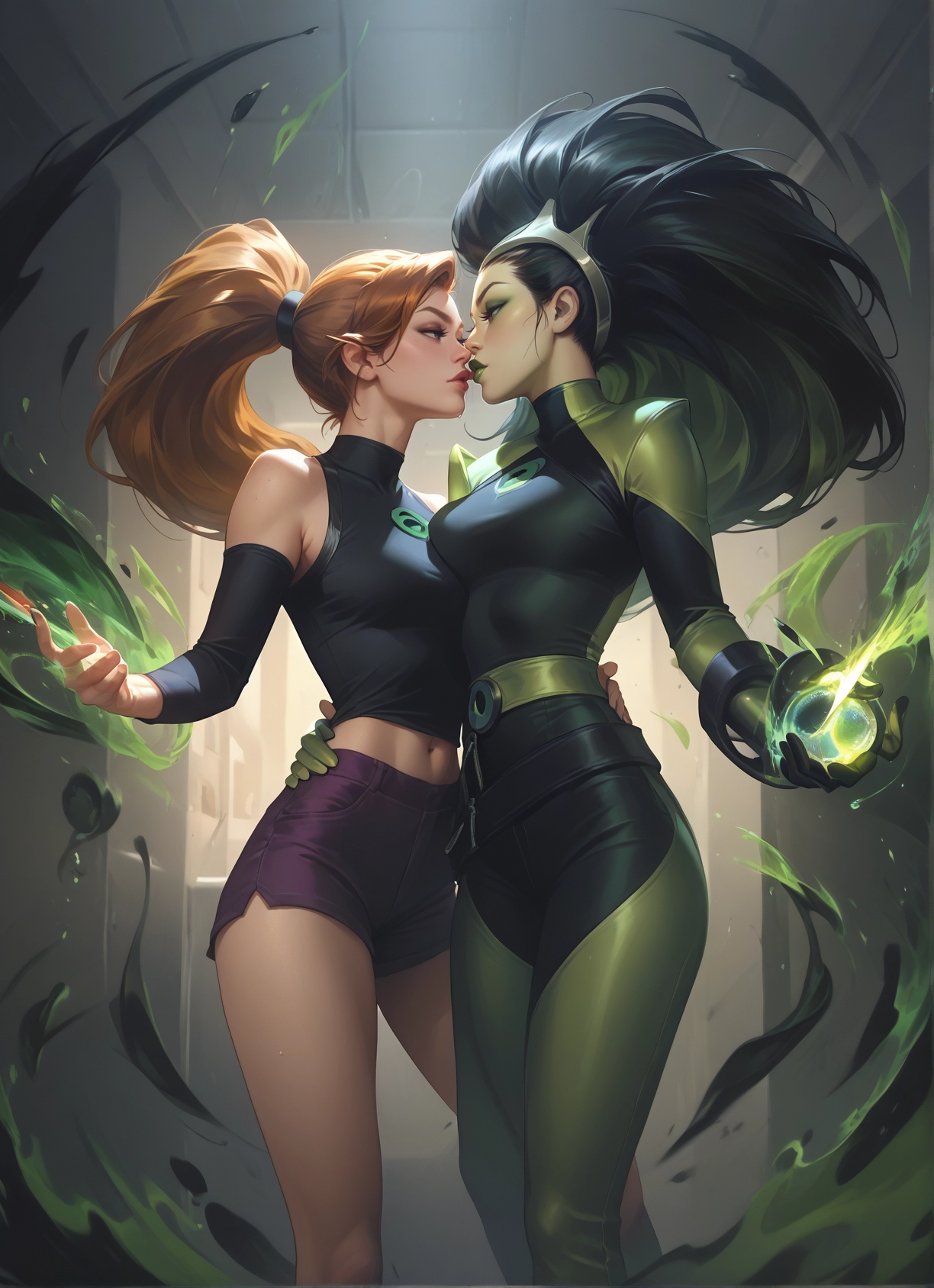 multiple girls, 2girls, yuri, pointy ears, navel, breasts · Yamete.gg