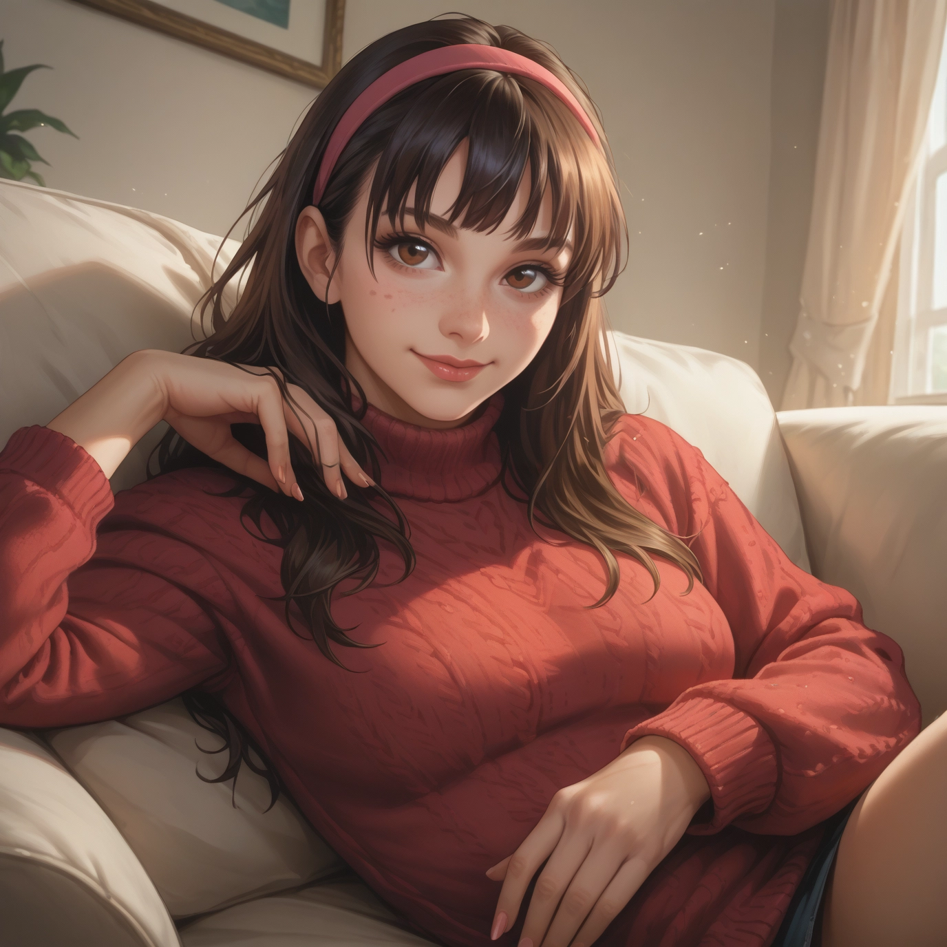 1girl, solo, sweater, brown hair, brown eyes, hairband · Yamete.gg