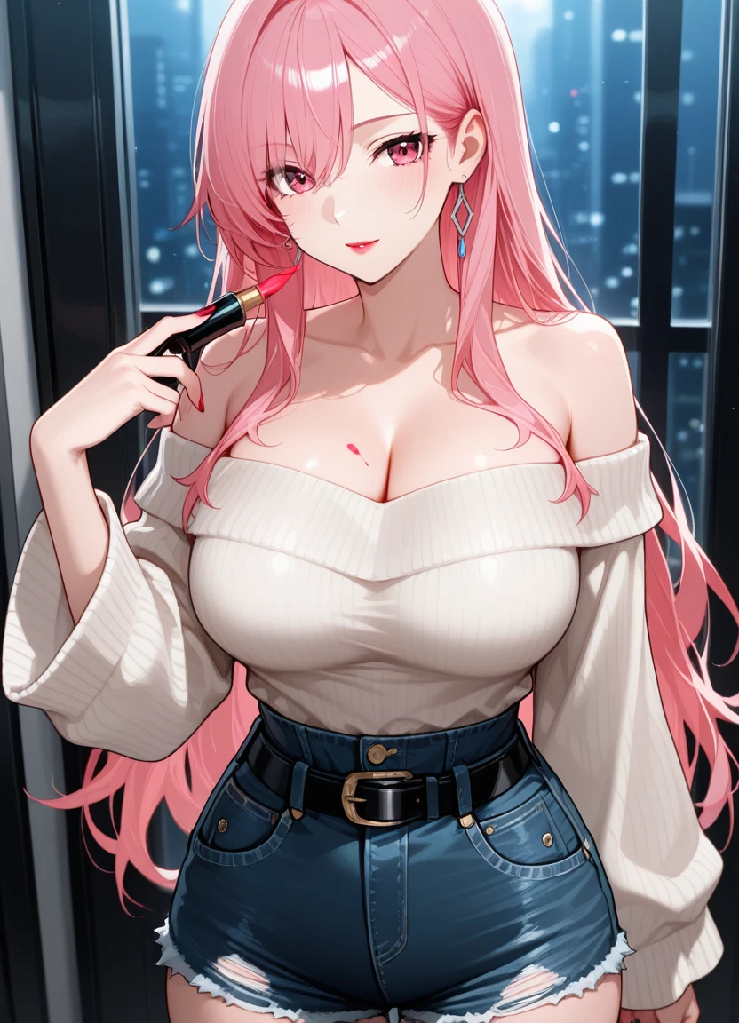 1girl, breasts, solo, pink hair, long hair, large breasts