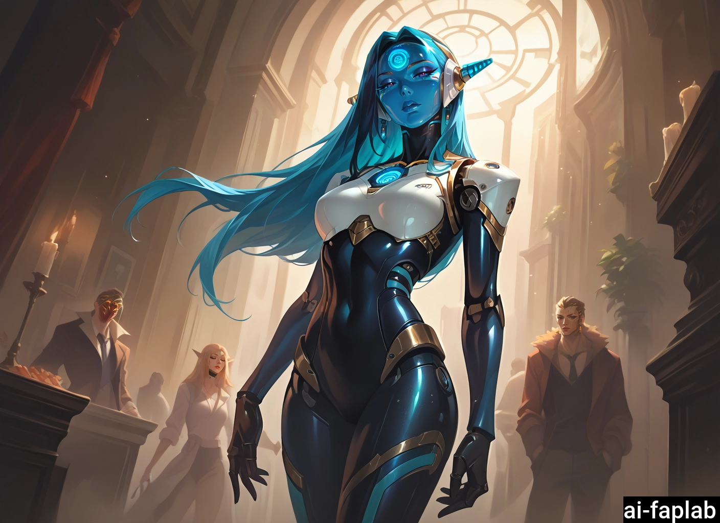blue hair, multiple boys, long hair, joints, android, multiple girls
