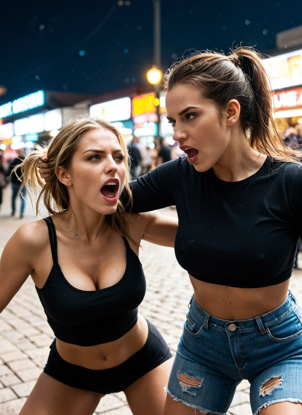 breasts, shorts, denim, cleavage, multiple girls, torn clothes · Yamete.gg