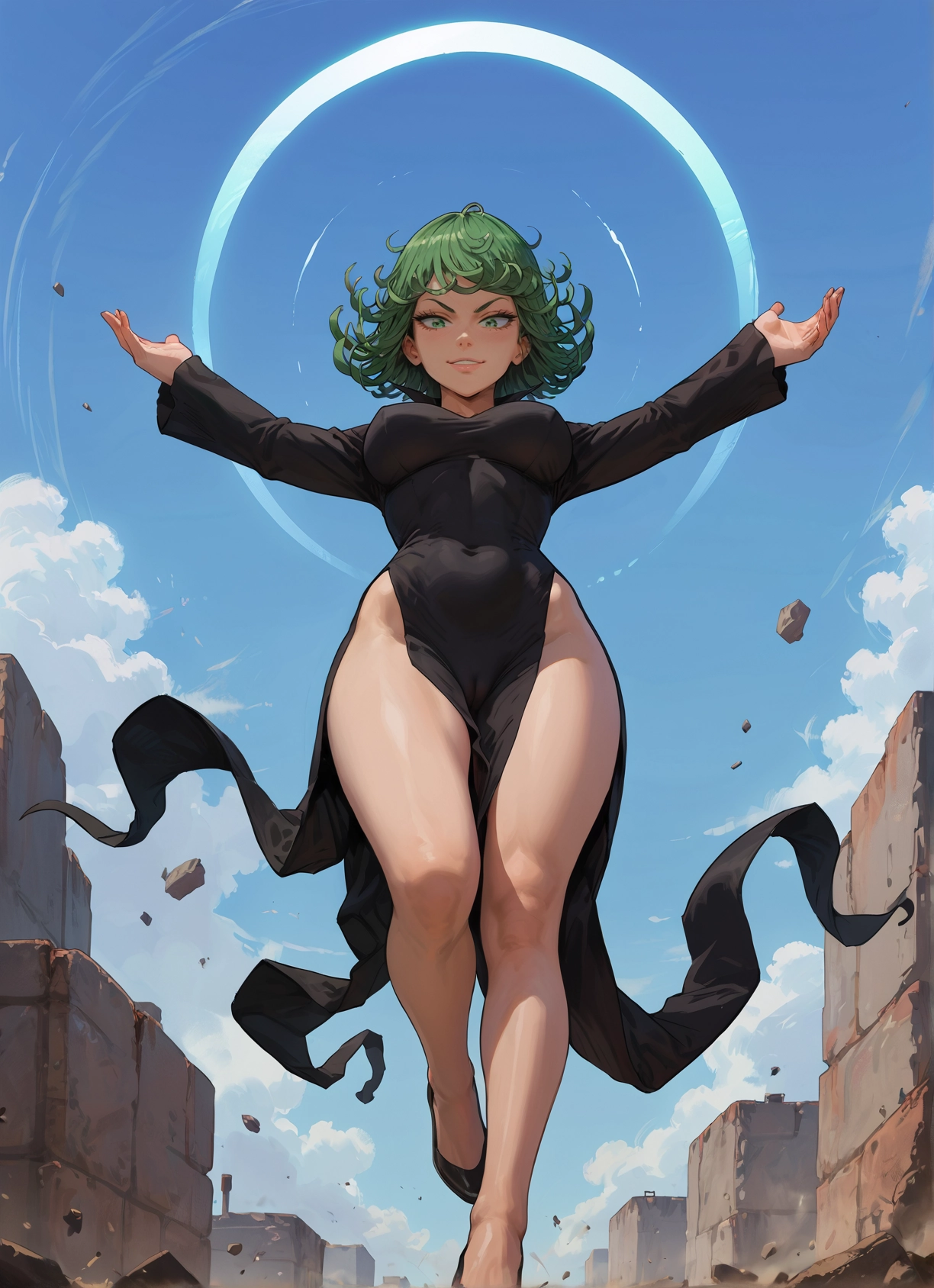 1girl, green eyes, breasts, dress, green hair, solo · Yamete.gg