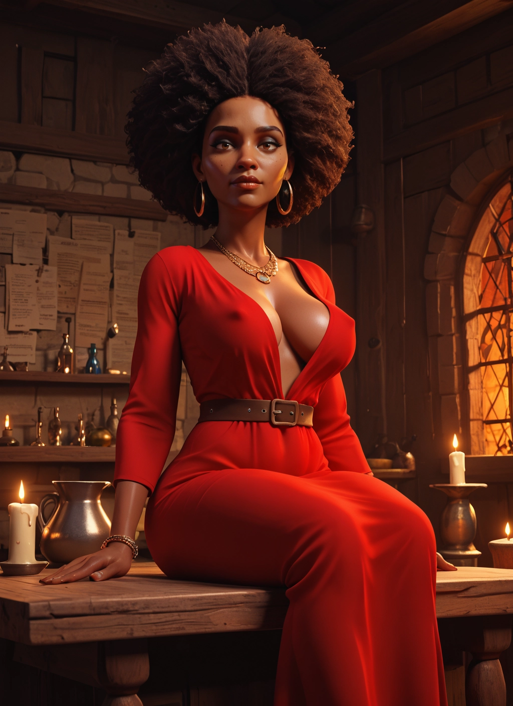 1girl, breasts, jewelry, afro, dress, belt · Yamete.gg