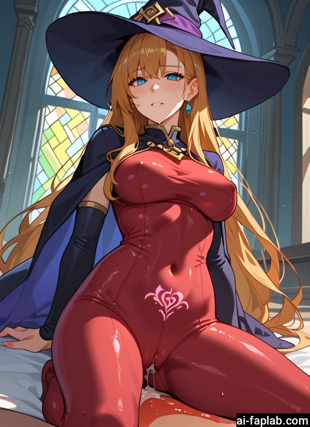 1girl, hat, breasts, witch hat, long hair, tattoo