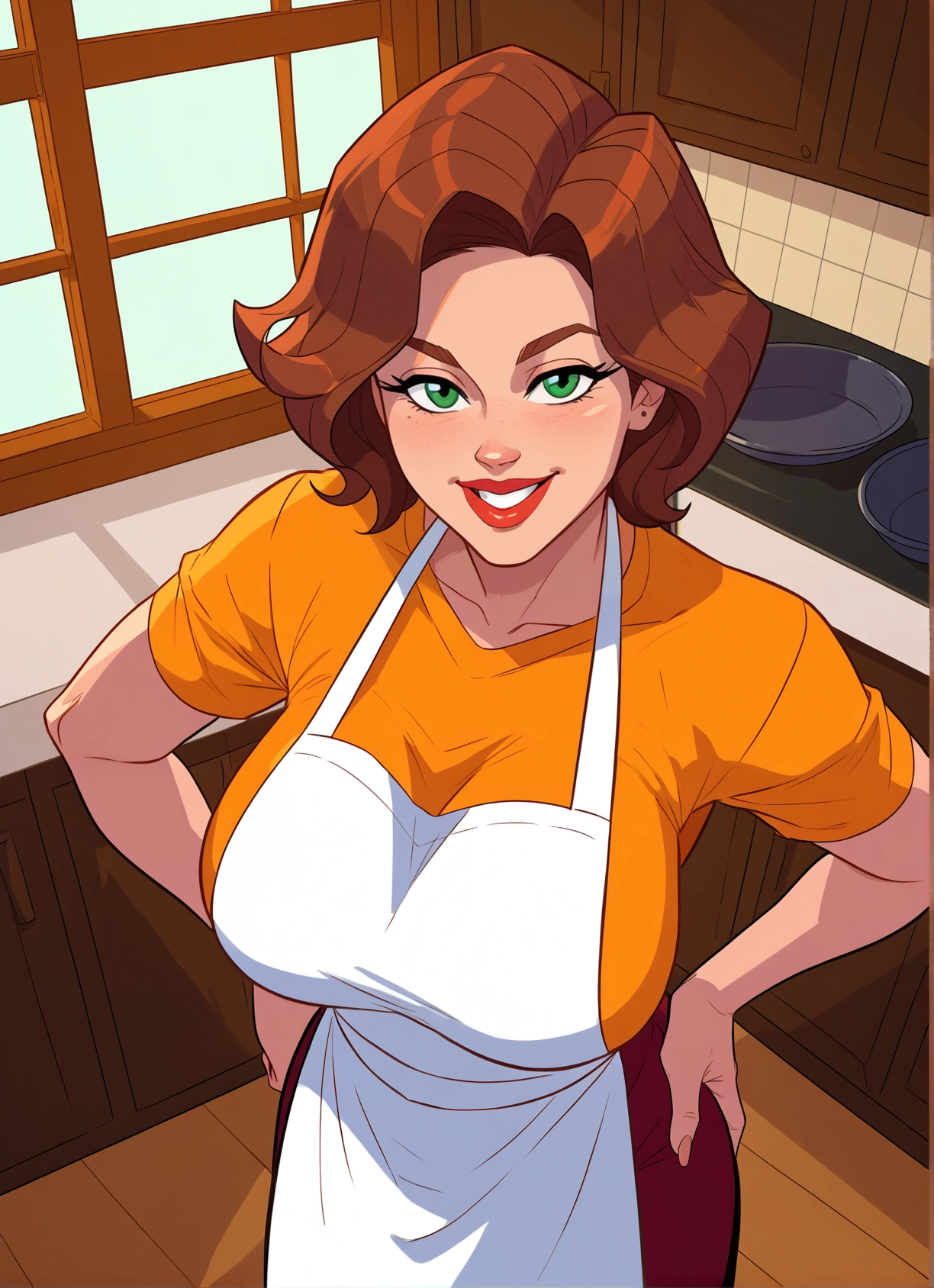 1girl, breasts, green eyes, apron, brown hair, large breasts
