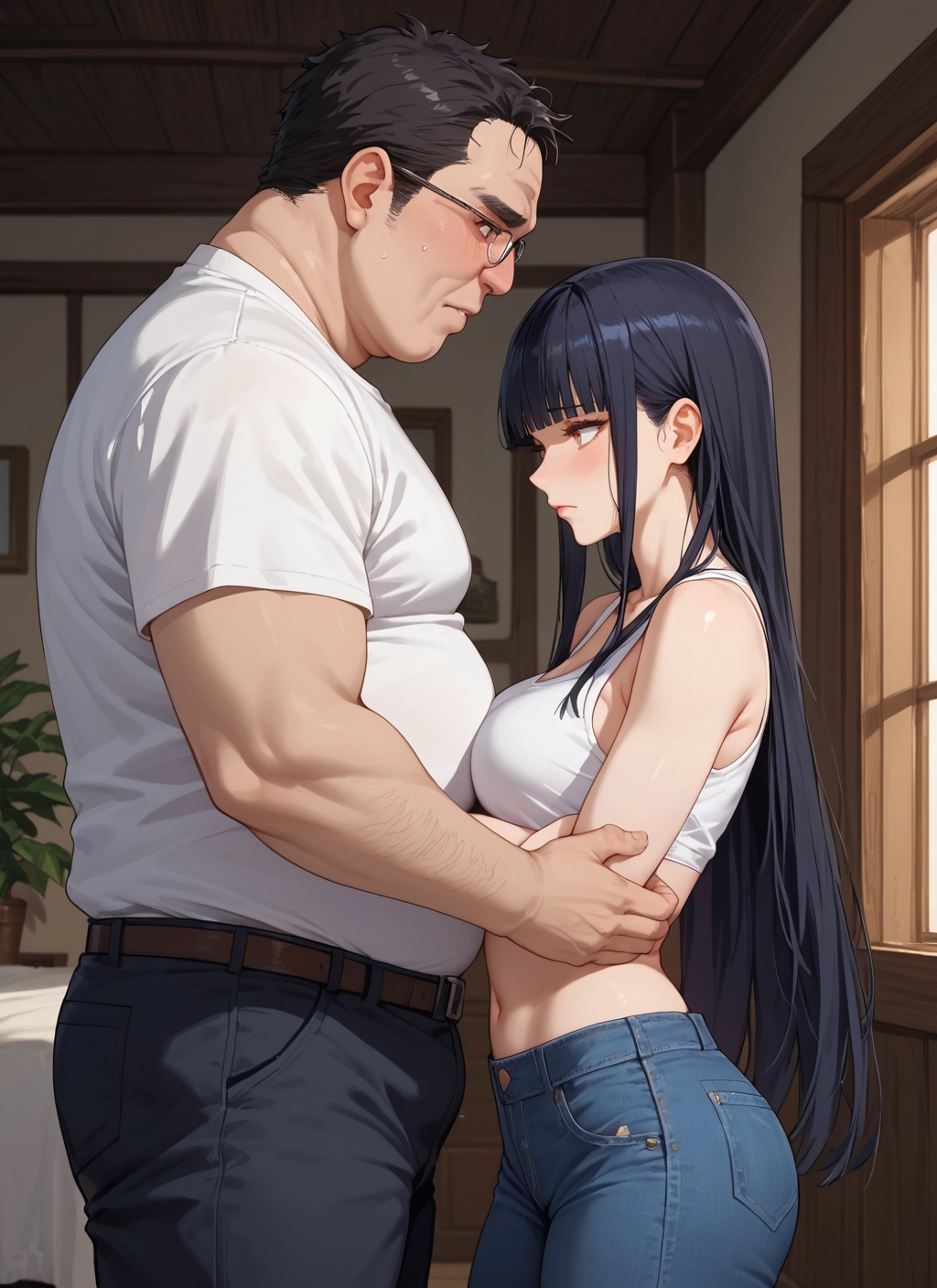 1girl, 1boy, long hair, breasts, black hair, pants · Yamete.gg