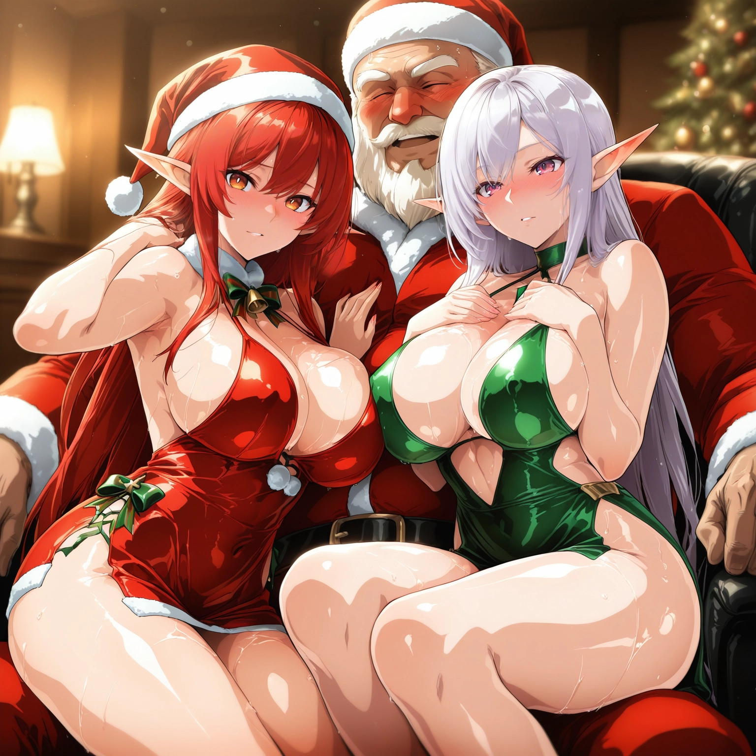 breasts, multiple girls, 2girls, pointy ears, hat, red hair · Yamete.gg