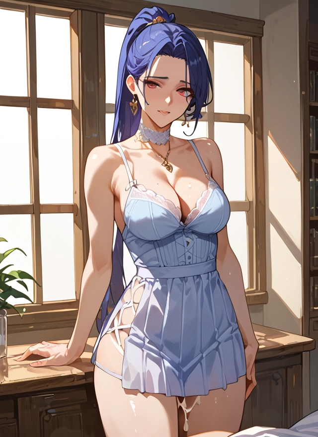 1girl, breasts, cleavage, solo, ponytail, long hair